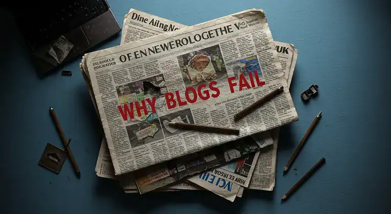 "Why Blogs Fail" newspaper headline with pencils and laptop. Blogging advice.